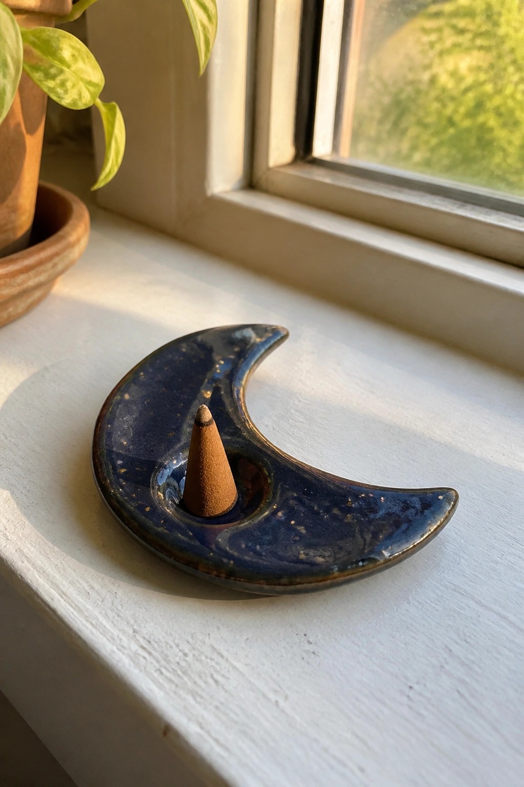 Blue speckled crescent moon ceramic incense holder with lit cone on windowsill