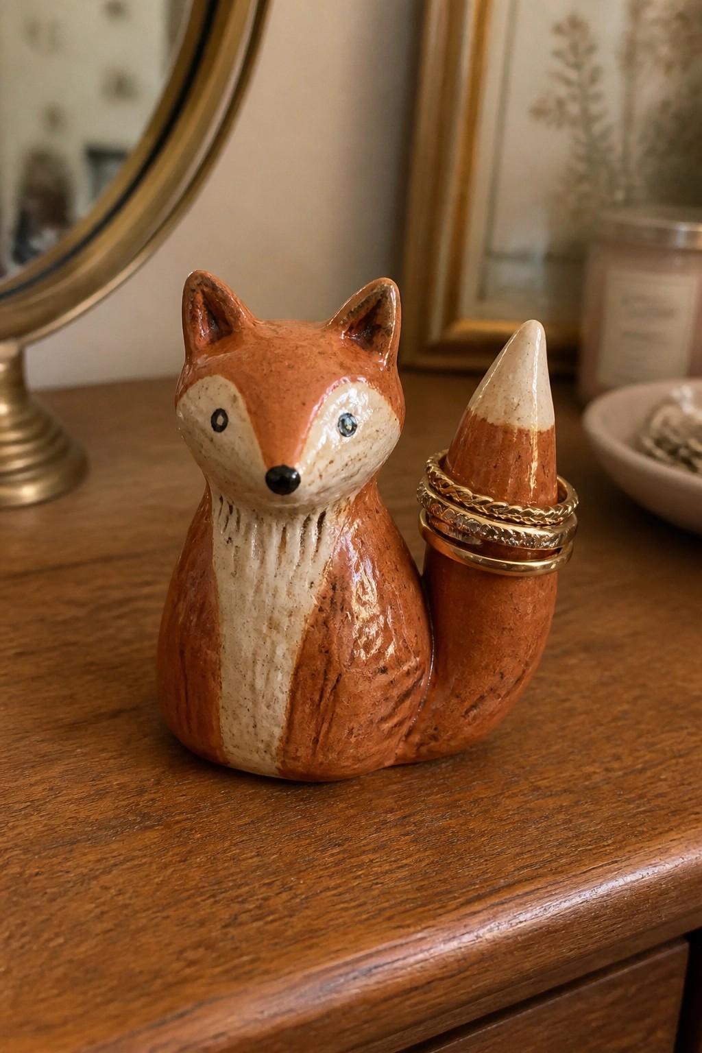 Ceramic fox figurine with stacked gold rings on tail atop wooden surface