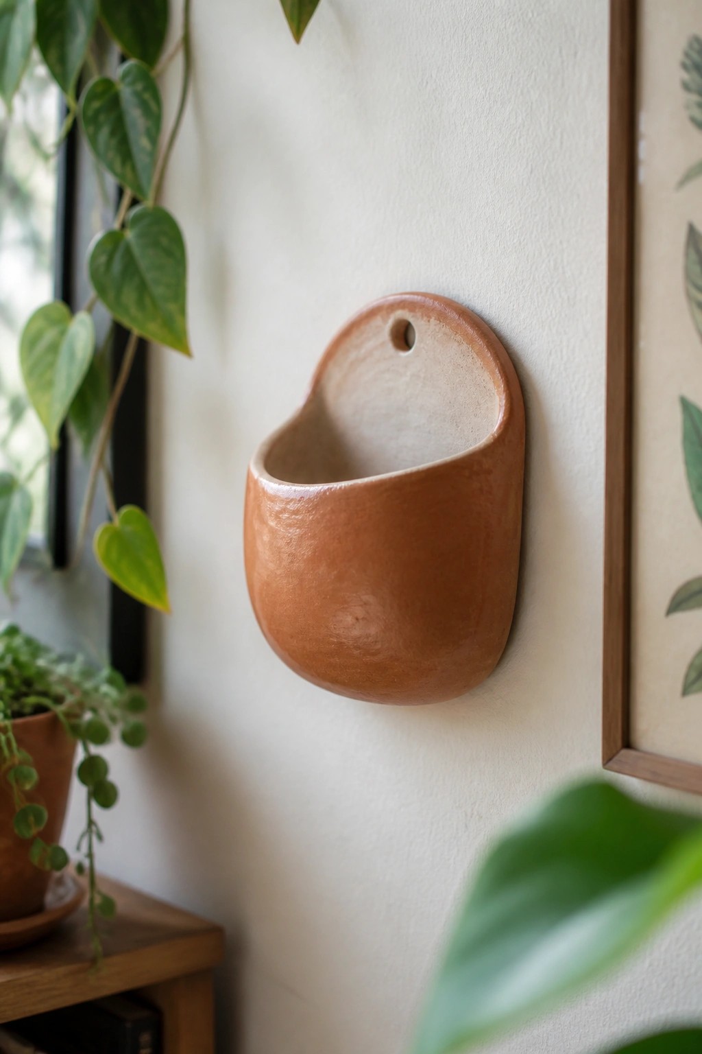 Terracotta wall pocket mounted on white wall near hanging green plants and framed art