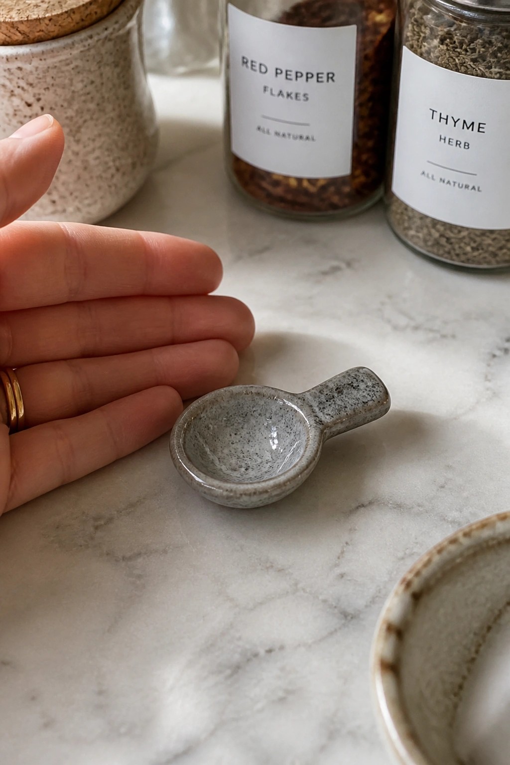A small gray speckled ceramic spoon sits on a marble countertop next to spice jars.