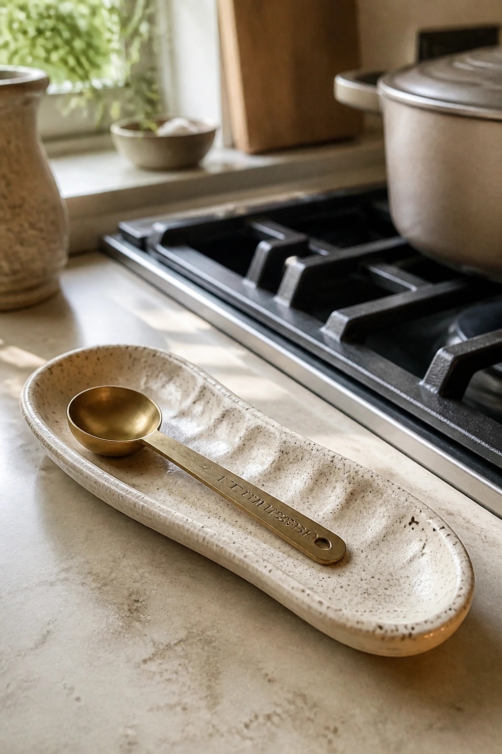 Brass tablespoon spoon rests on speckled ceramic tray atop marble kitchen counter.