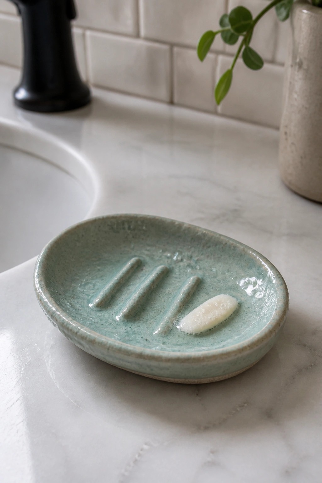 Speckled mint green ceramic soap dish with white soap on marble countertop