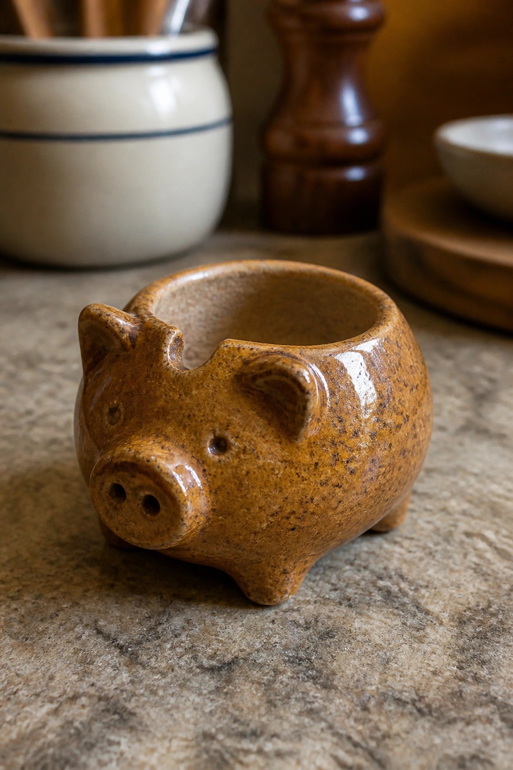 Brown speckled ceramic pig bowl on a stone kitchen countertop