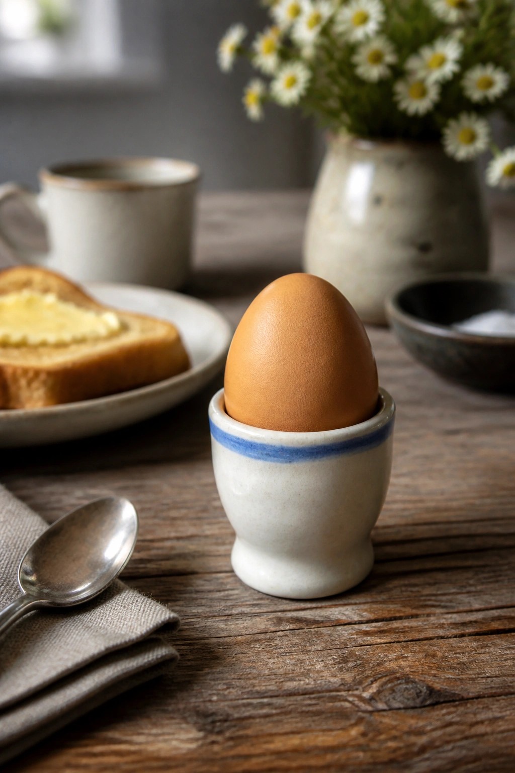 Brown egg in white ceramic cup with blue stripe beside toast and daisies on wood