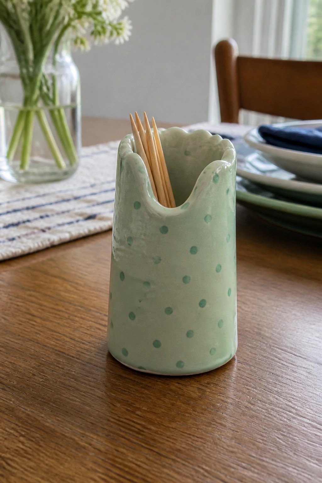 Light green polka-dotted ceramic toothpick holder on wooden dining table