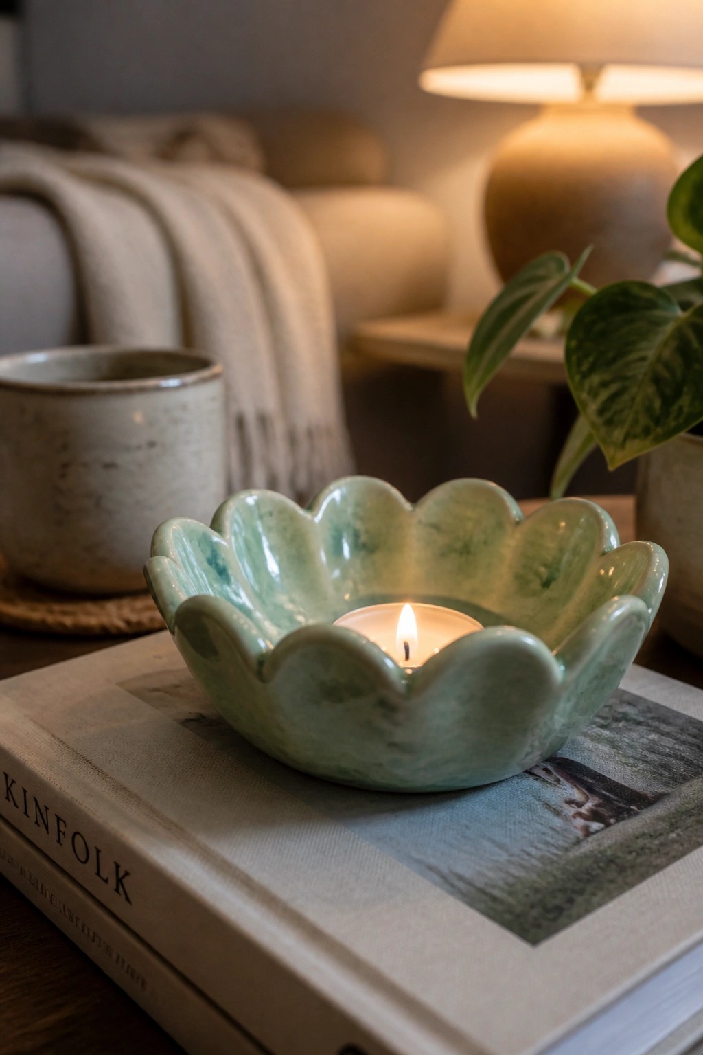 Lit candle in green scalloped ceramic bowl on Kinfolk book with mug nearby.