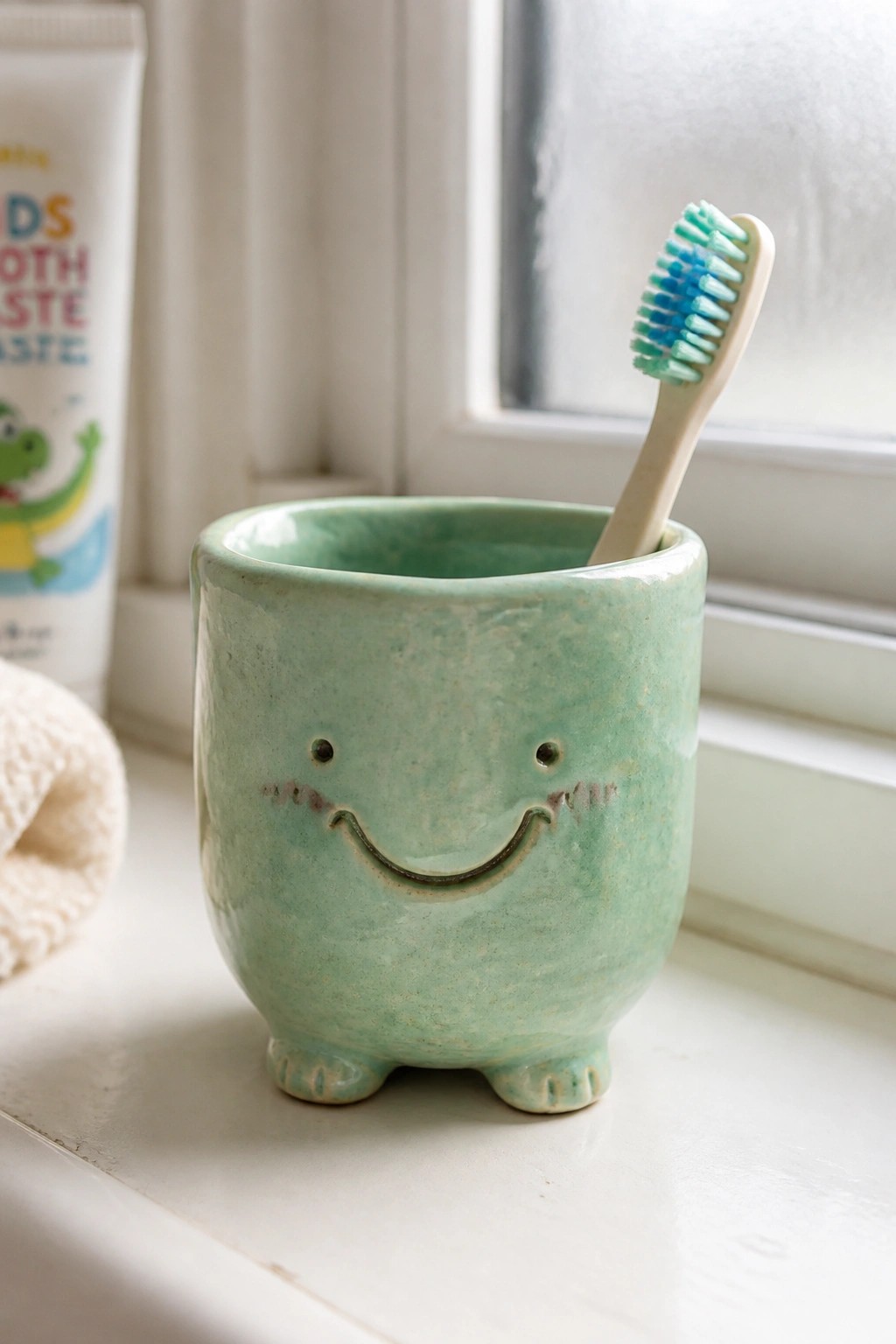 Green smiling ceramic cup holding toothbrush on white windowsill with toothpaste tube