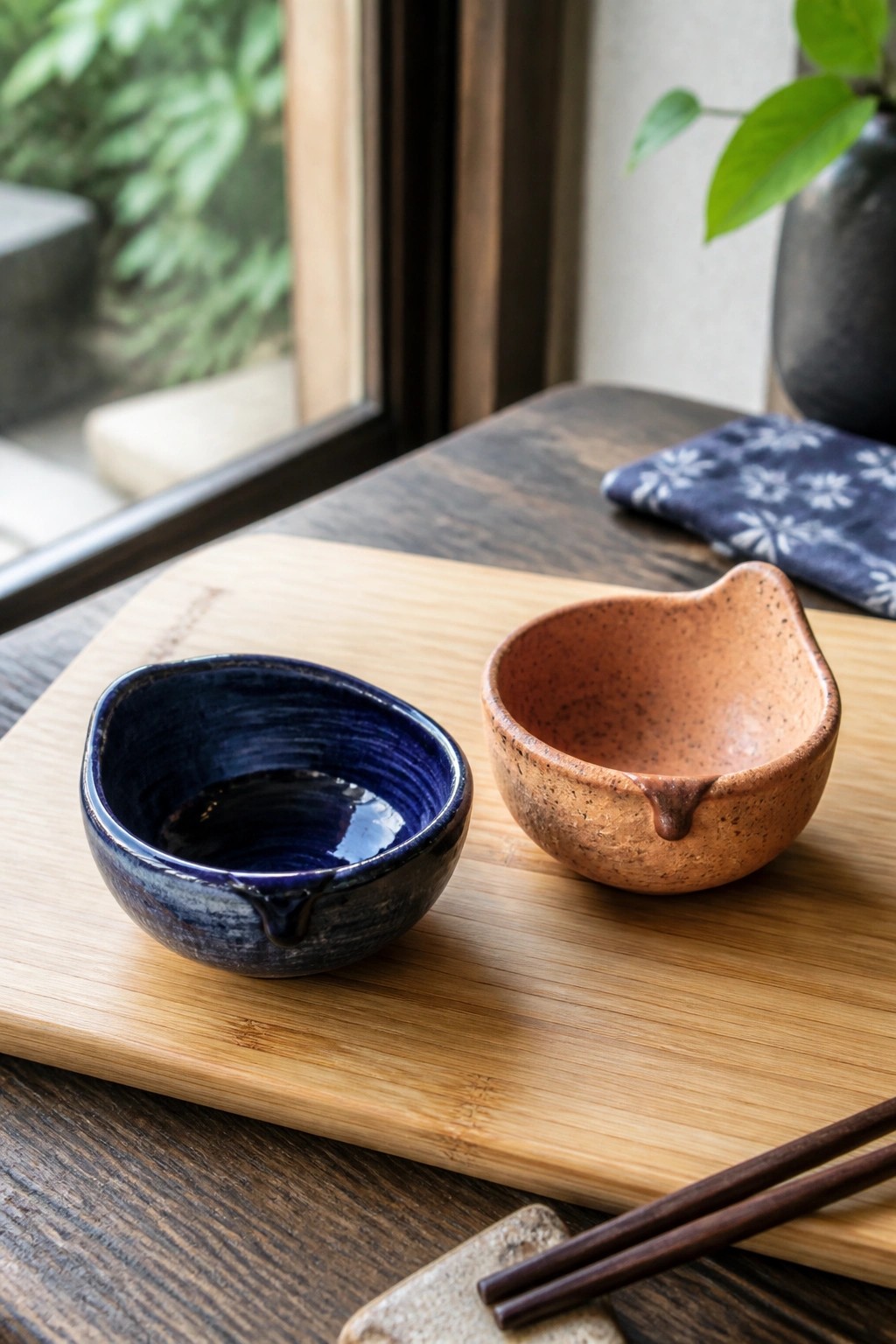 Two spouted ceramic bowls, blue and terracotta, rest on a wooden tray.