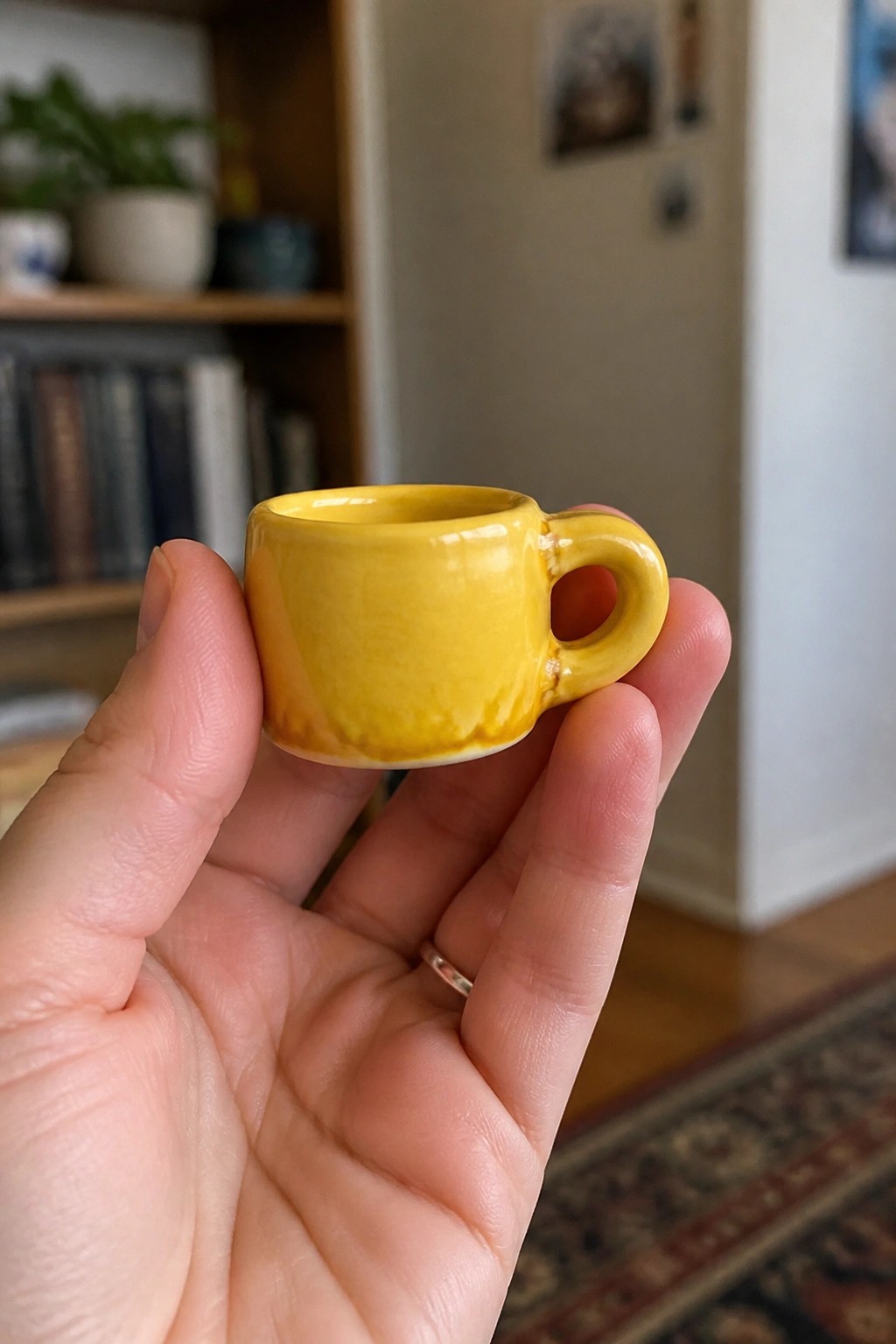 Hand with silver ring holding tiny yellow ceramic espresso cup with handle