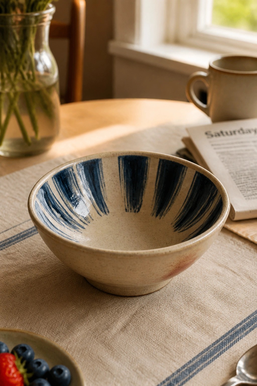 Ceramic bowl with bold blue brushstrokes on sunlit linen tablecloth beside berries and newspaper