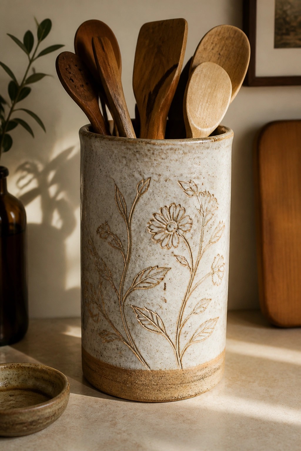 A speckled ceramic cylinder with carved flowers and leaves holds wooden kitchen utensils on a countertop.
