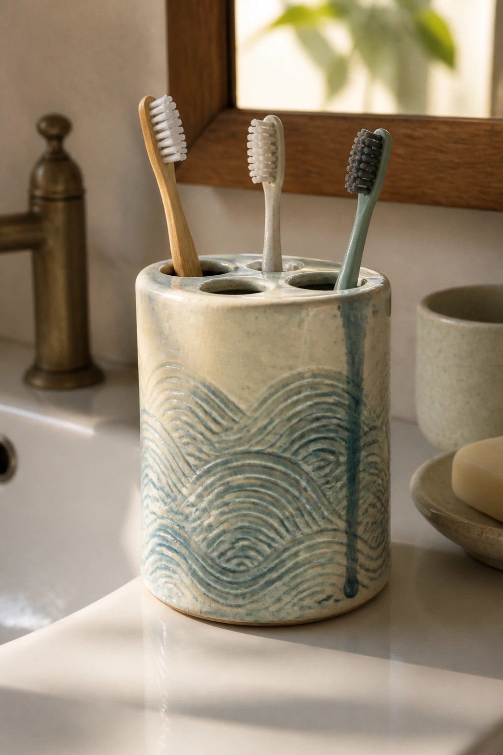 Ceramic toothbrush holder with wavy blue pattern and three brushes on sink.