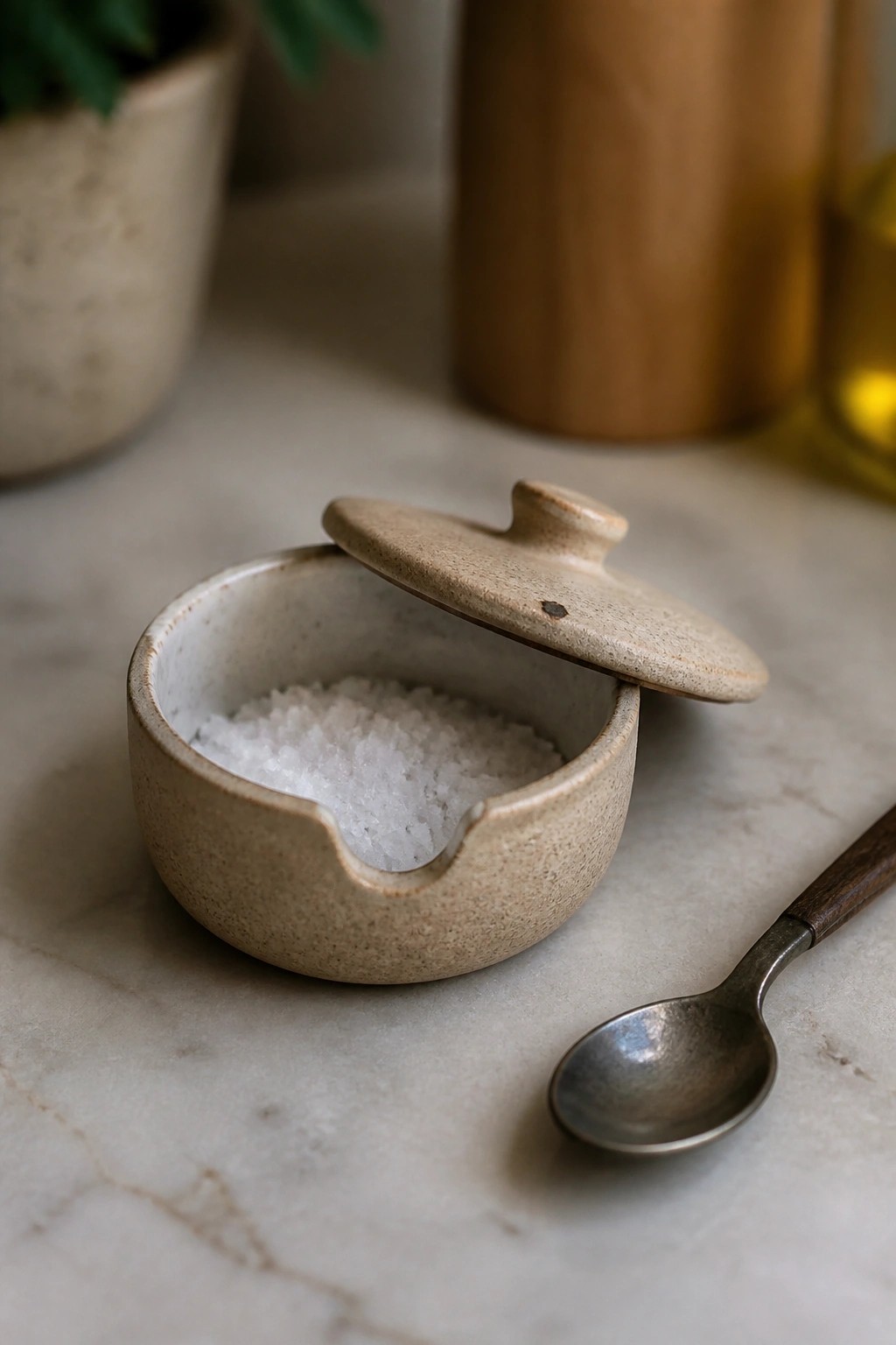Open ceramic salt cellar with white crystals and spoon on marble counter