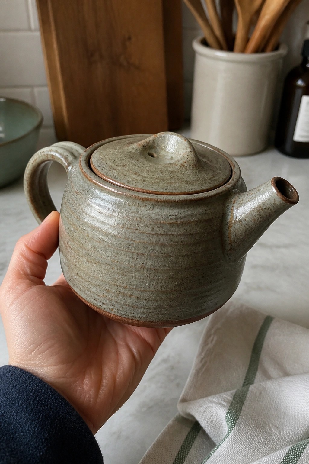 Hand in dark sleeve holds speckled green ceramic teapot in kitchen.