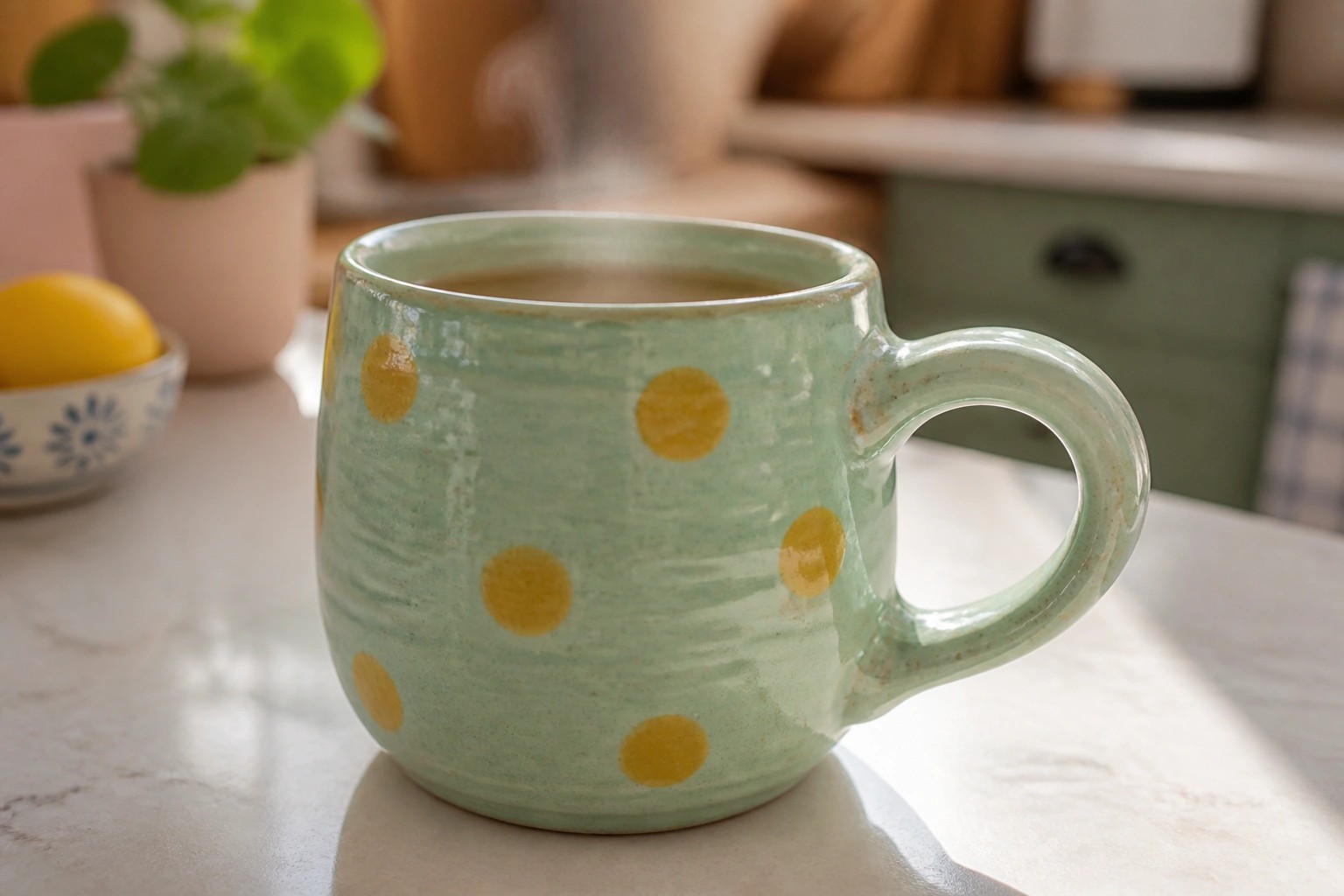 Green ceramic mug with yellow polka dots steaming on wooden table