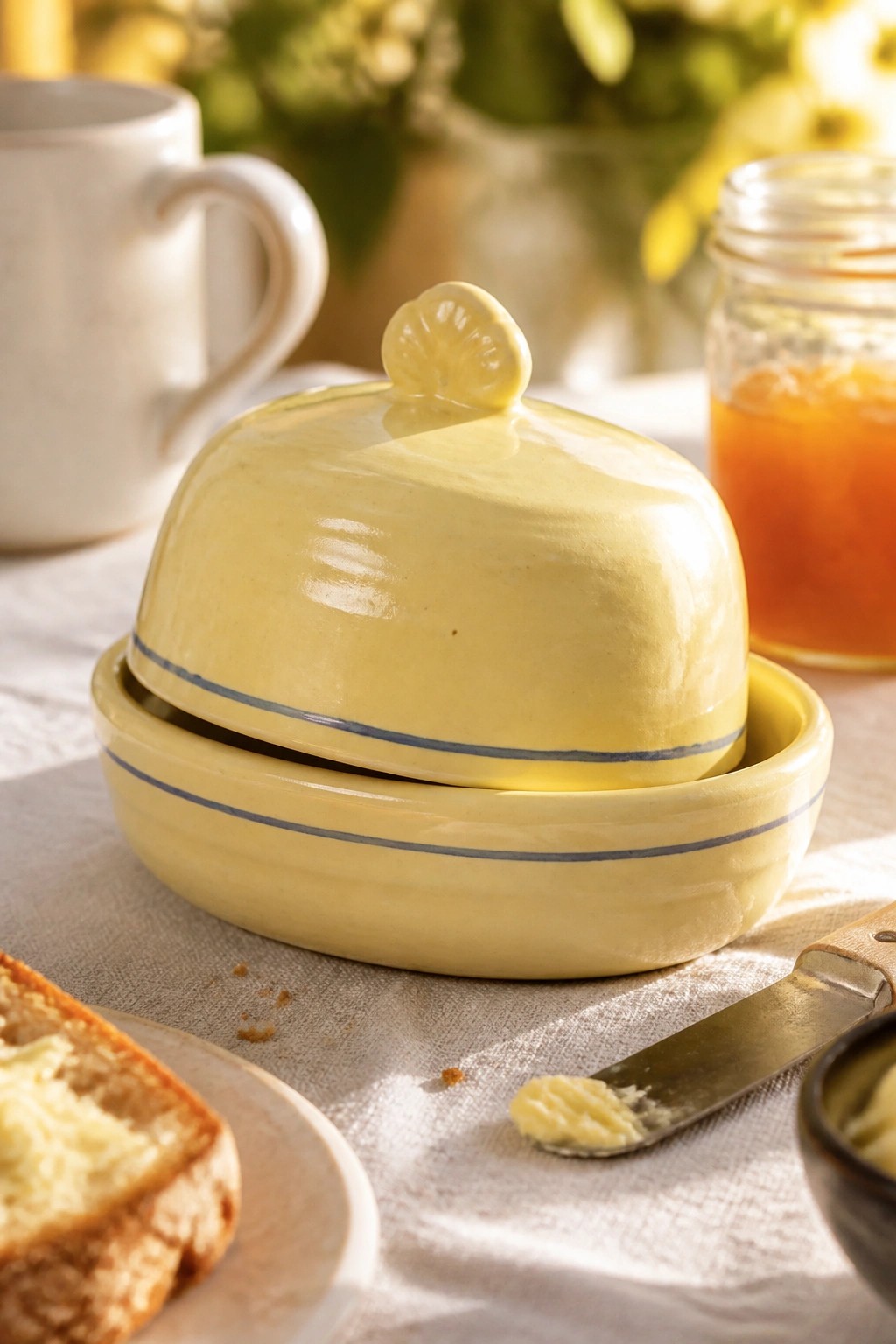 Yellow butter dish with lemon knob beside toast, knife, and orange jam jar