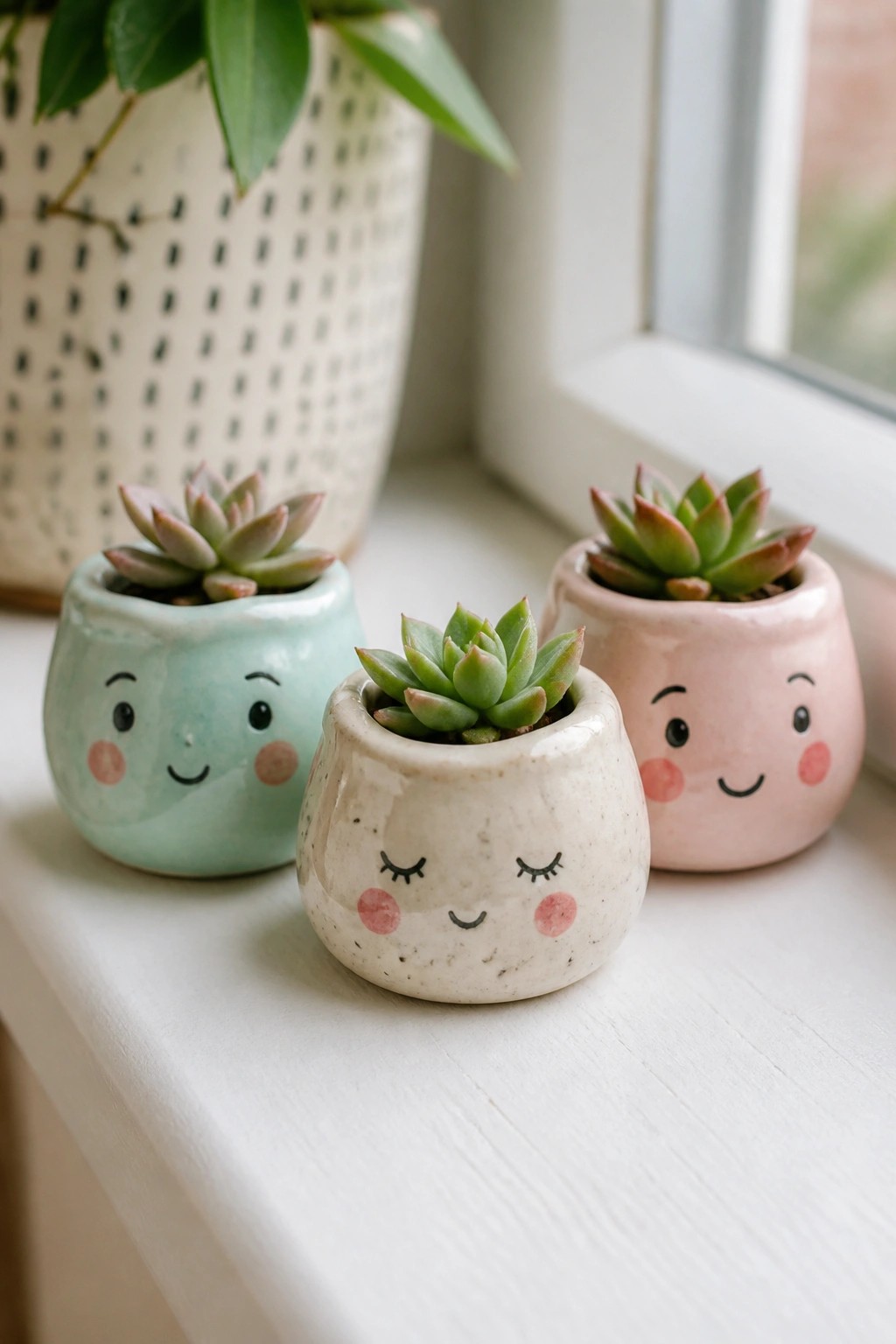 Three succulents in pastel face-decorated pots on a bright white windowsill
