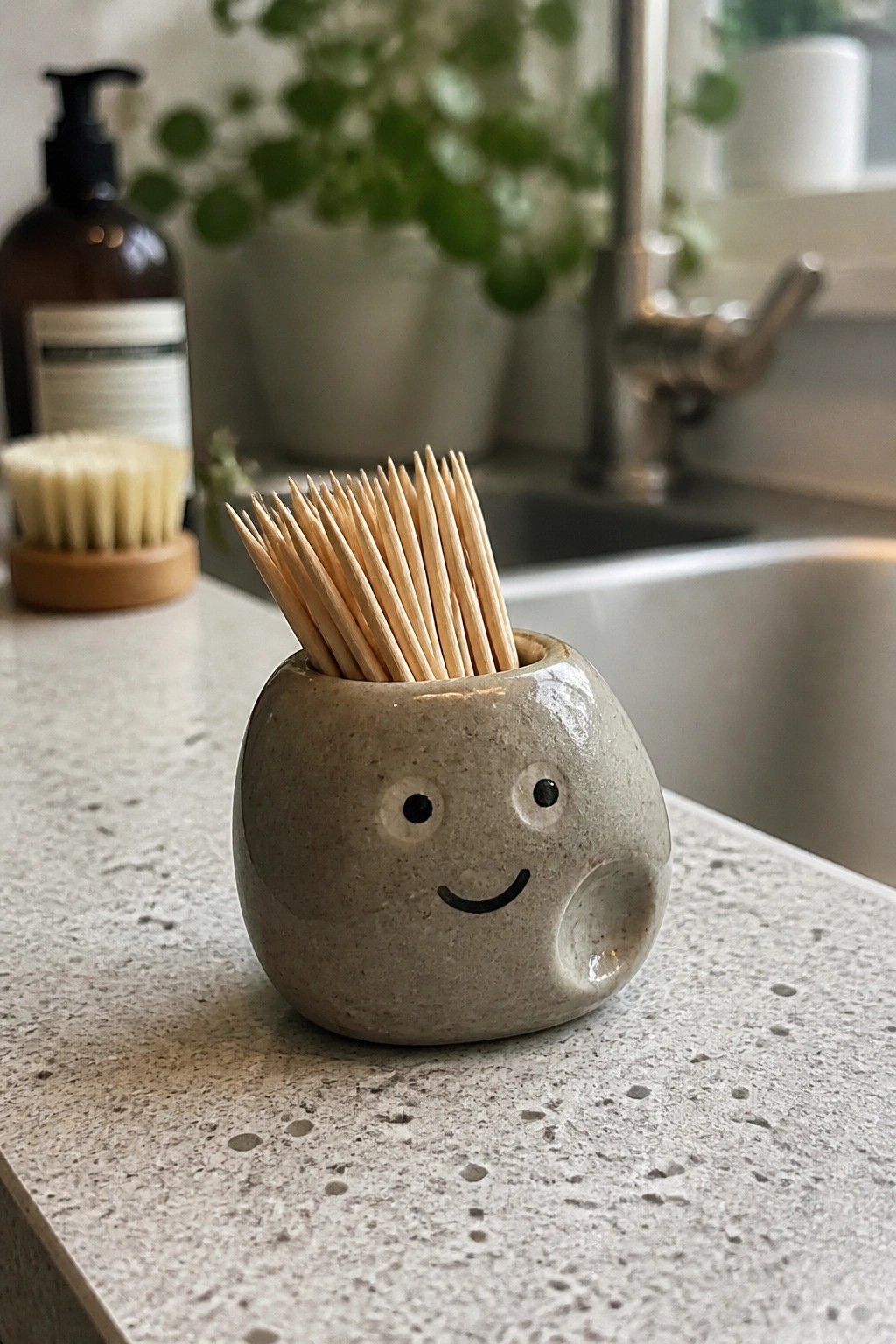Smiling speckled ceramic holder filled with toothpicks on kitchen countertop