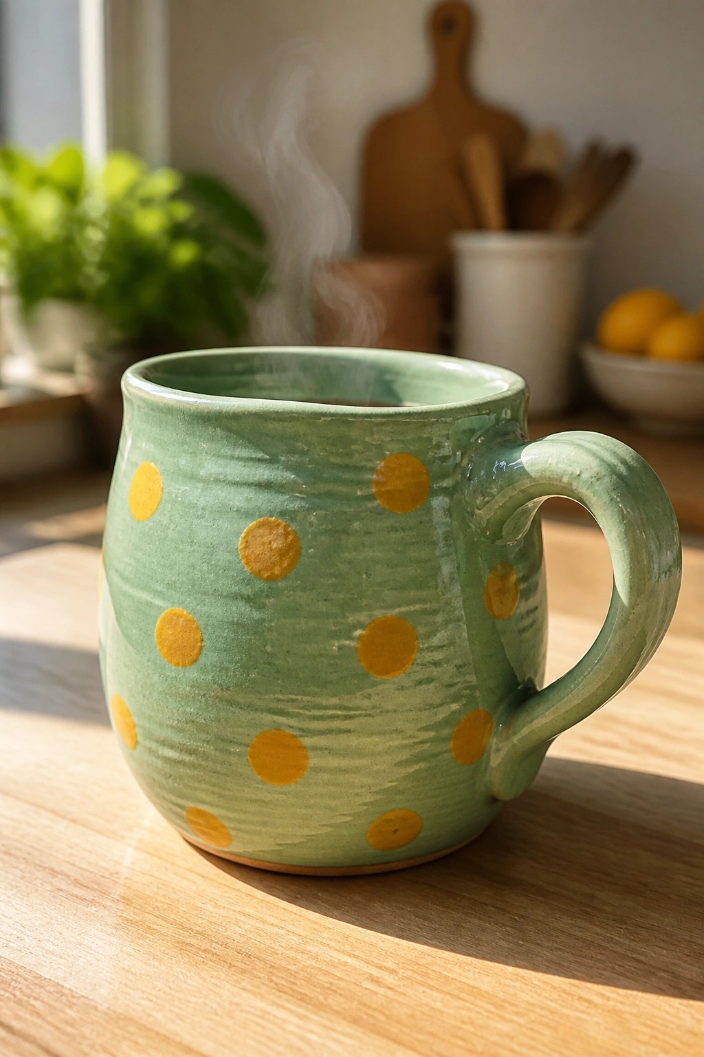Green ceramic mug with yellow polka dots steaming on wooden table