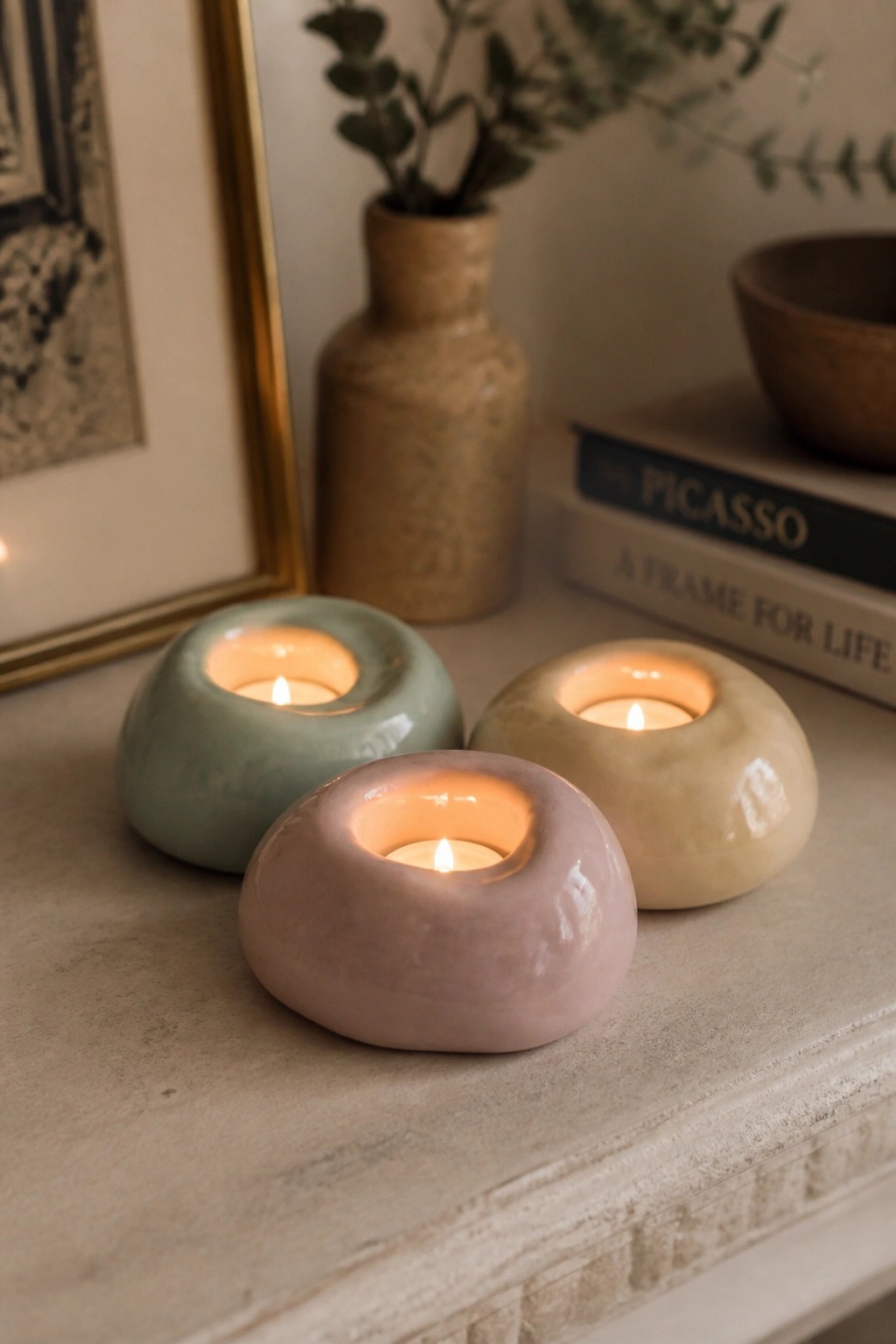 Three pastel ceramic tealight holders glowing on a textured stone surface