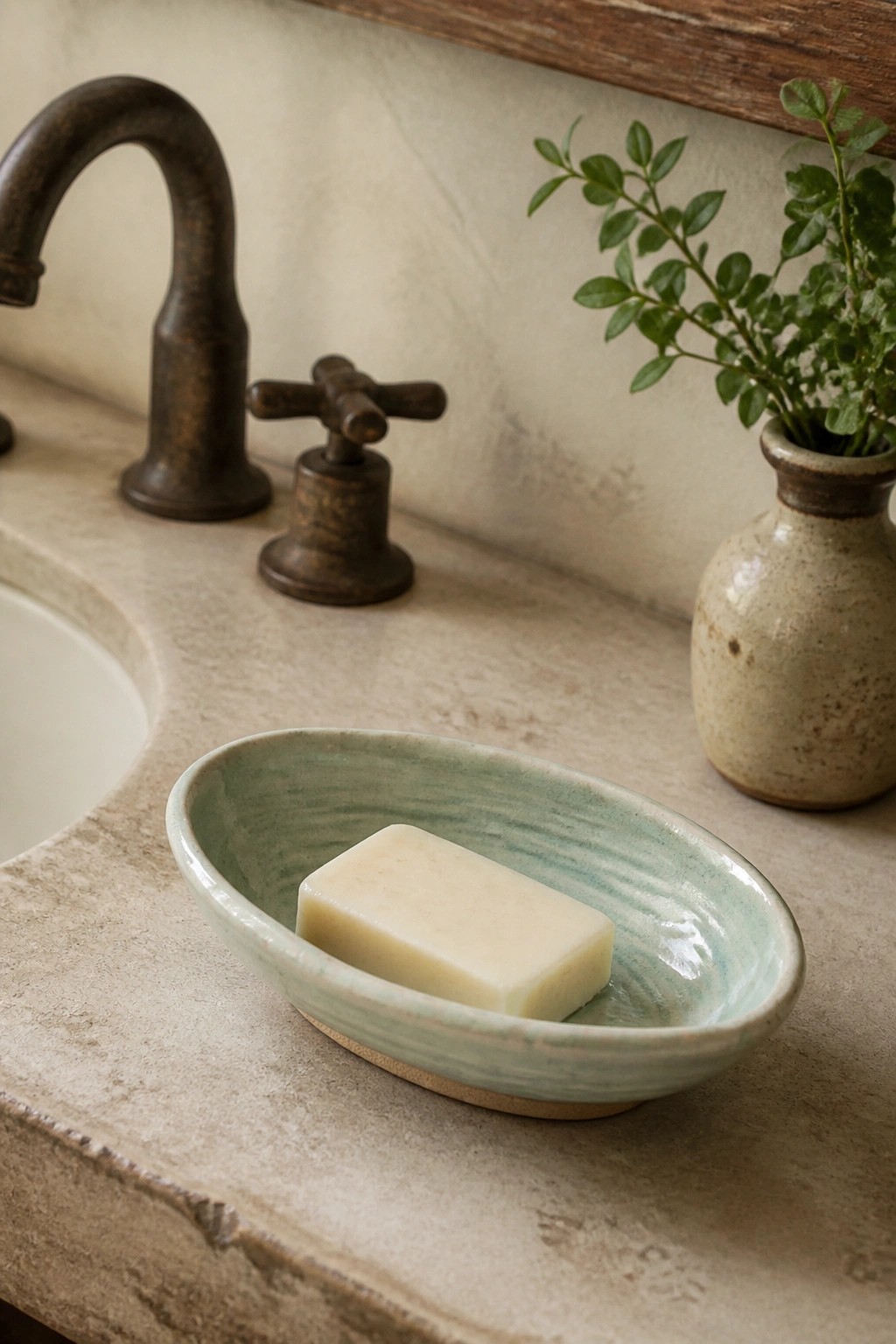 Green ceramic soap dish with white bar on stone counter near faucet and vase