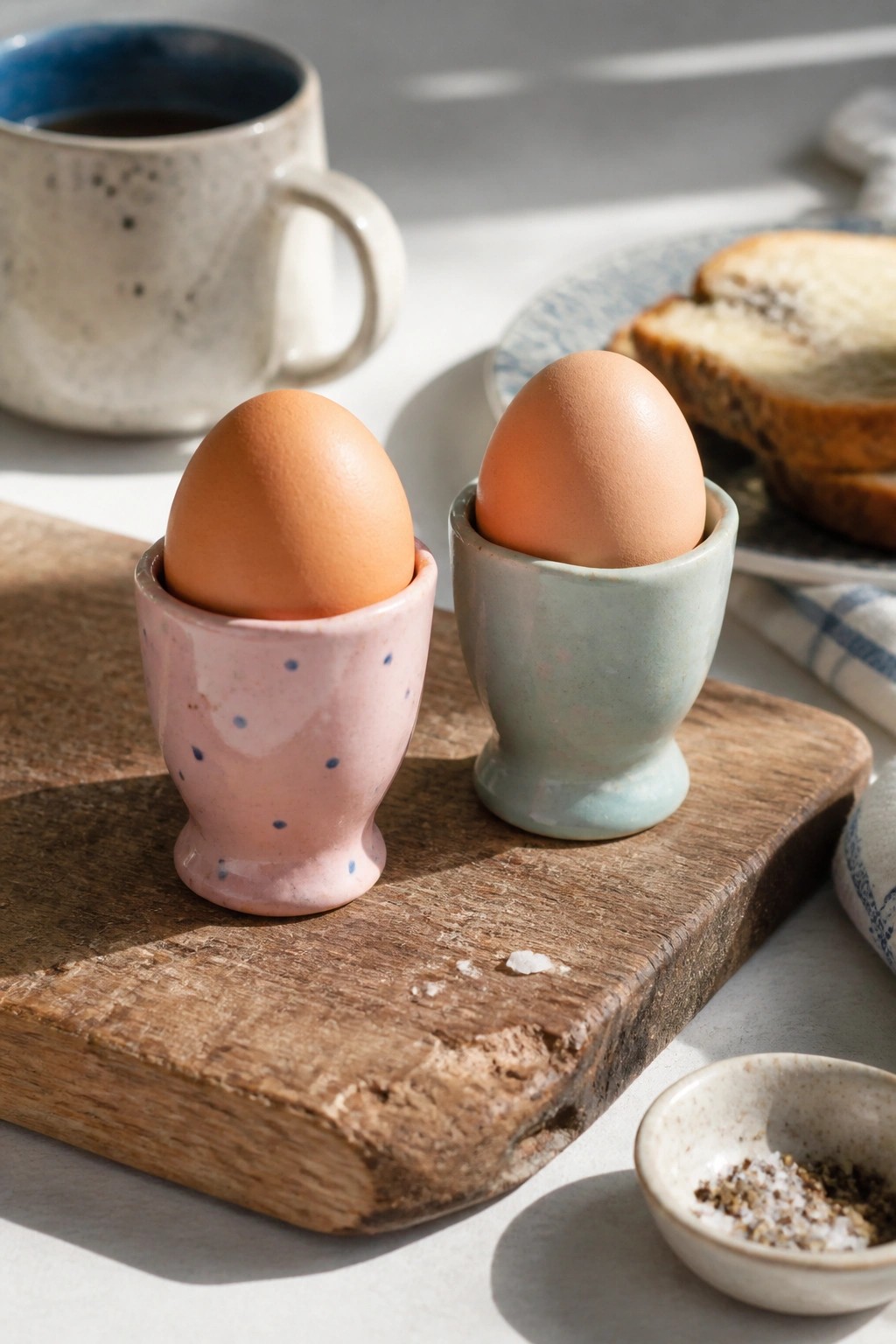 Two brown eggs in pink dotted and blue ceramic cups on rustic wooden board.