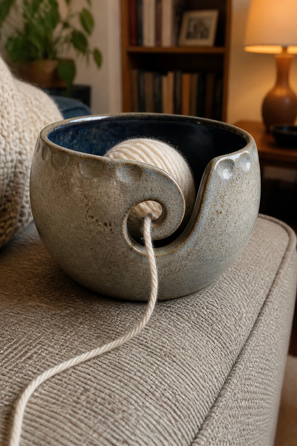 A ceramic yarn bowl with a spiral side opening holding a ball of white yarn on a fabric surface.