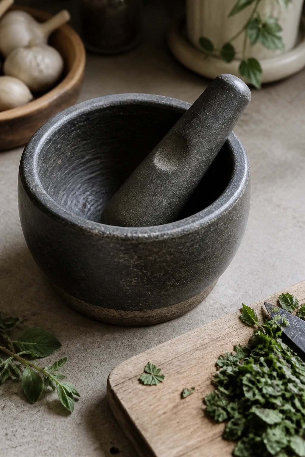 Stone mortar and pestle beside chopped herbs on wooden board with garlic bowl