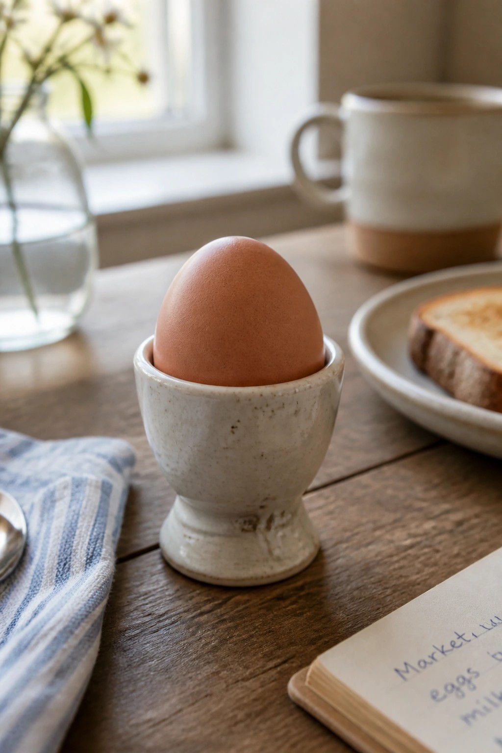 Brown egg in speckled white ceramic cup on wooden table with toast and notebook