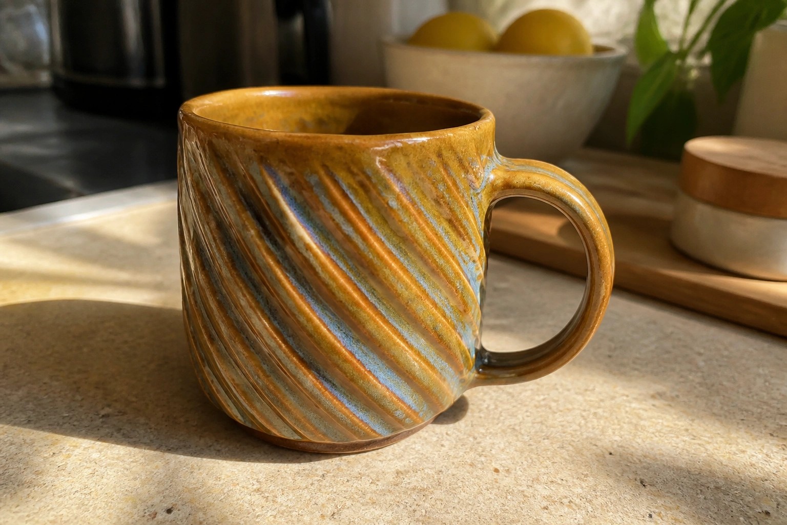 Yellow ceramic mug with blue swirled glaze on marble kitchen counter