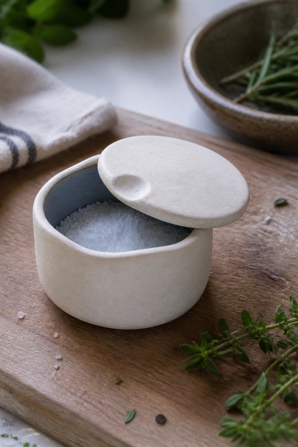 Open ceramic salt cellar on wooden board surrounded by fresh thyme herbs
