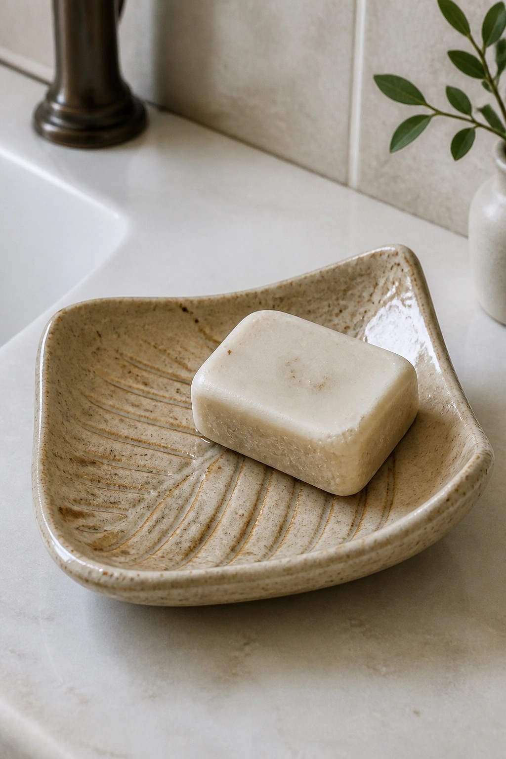 Rectangular white soap bar on ridged beige ceramic dish atop marble counter