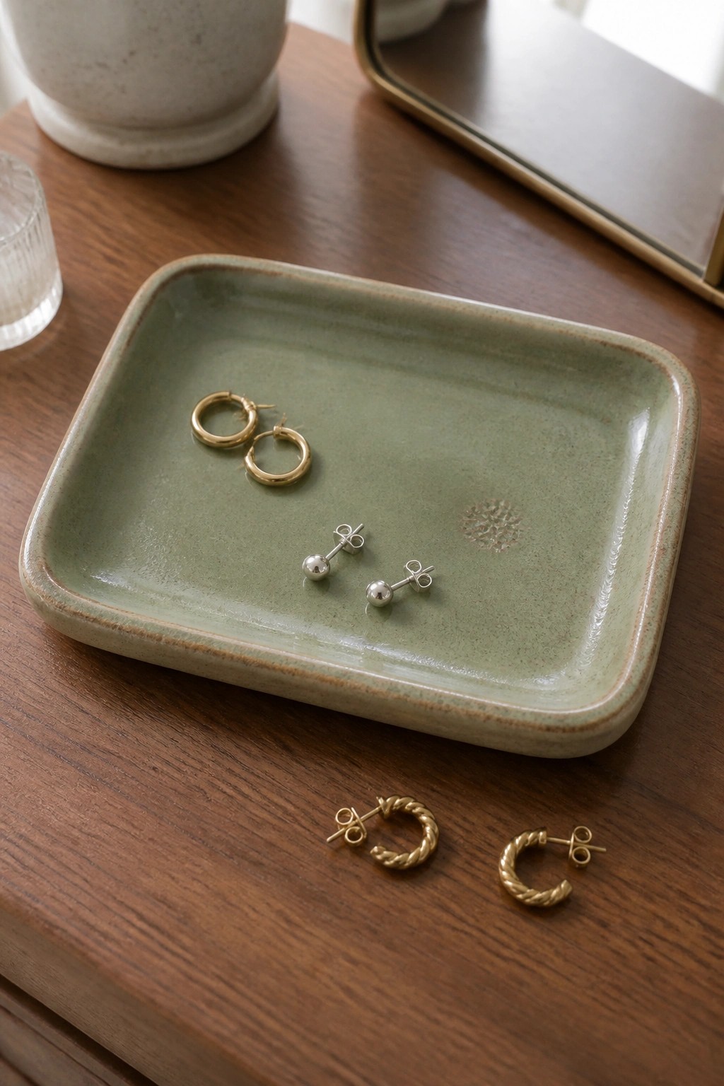 Green ceramic tray with gold hoops and silver stud earrings on wooden table