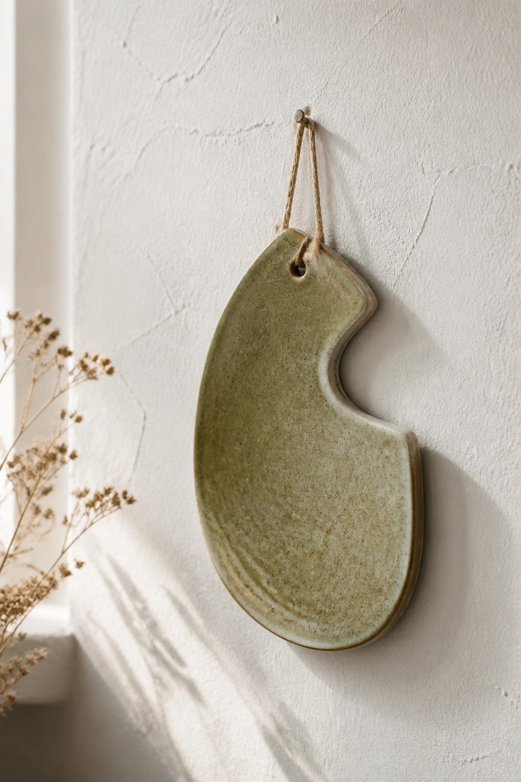 Light green ceramic decor hanging by twine on white textured wall near dried flowers.