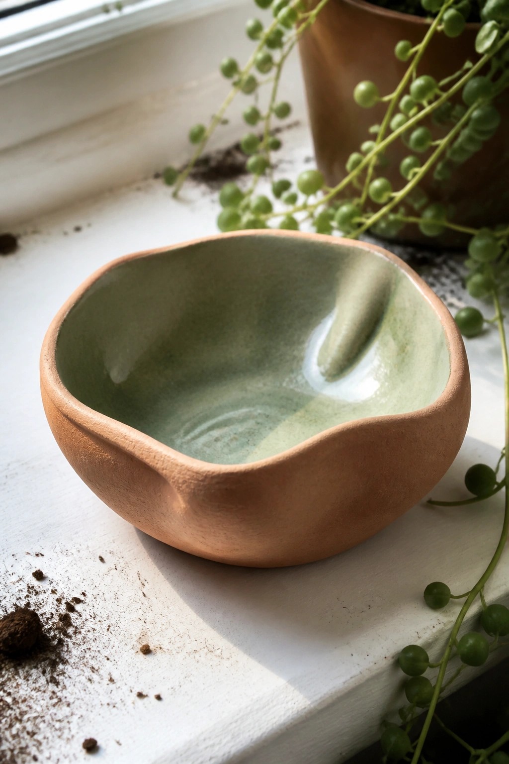 Organic terracotta and green ceramic bowl on white windowsill near trailing plant.