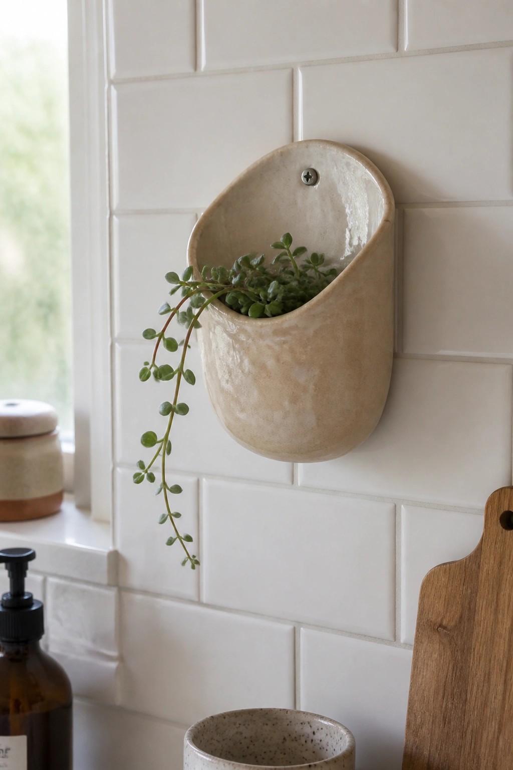 Beige ceramic wall-mounted planter with trailing green plant on white tiles