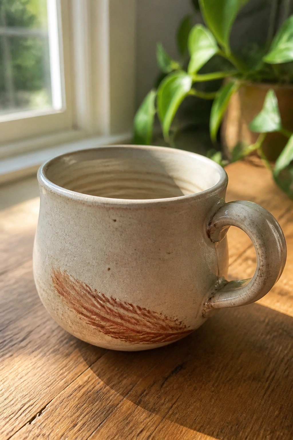 Light beige ceramic mug with reddish streaks on sunlit wooden table by window