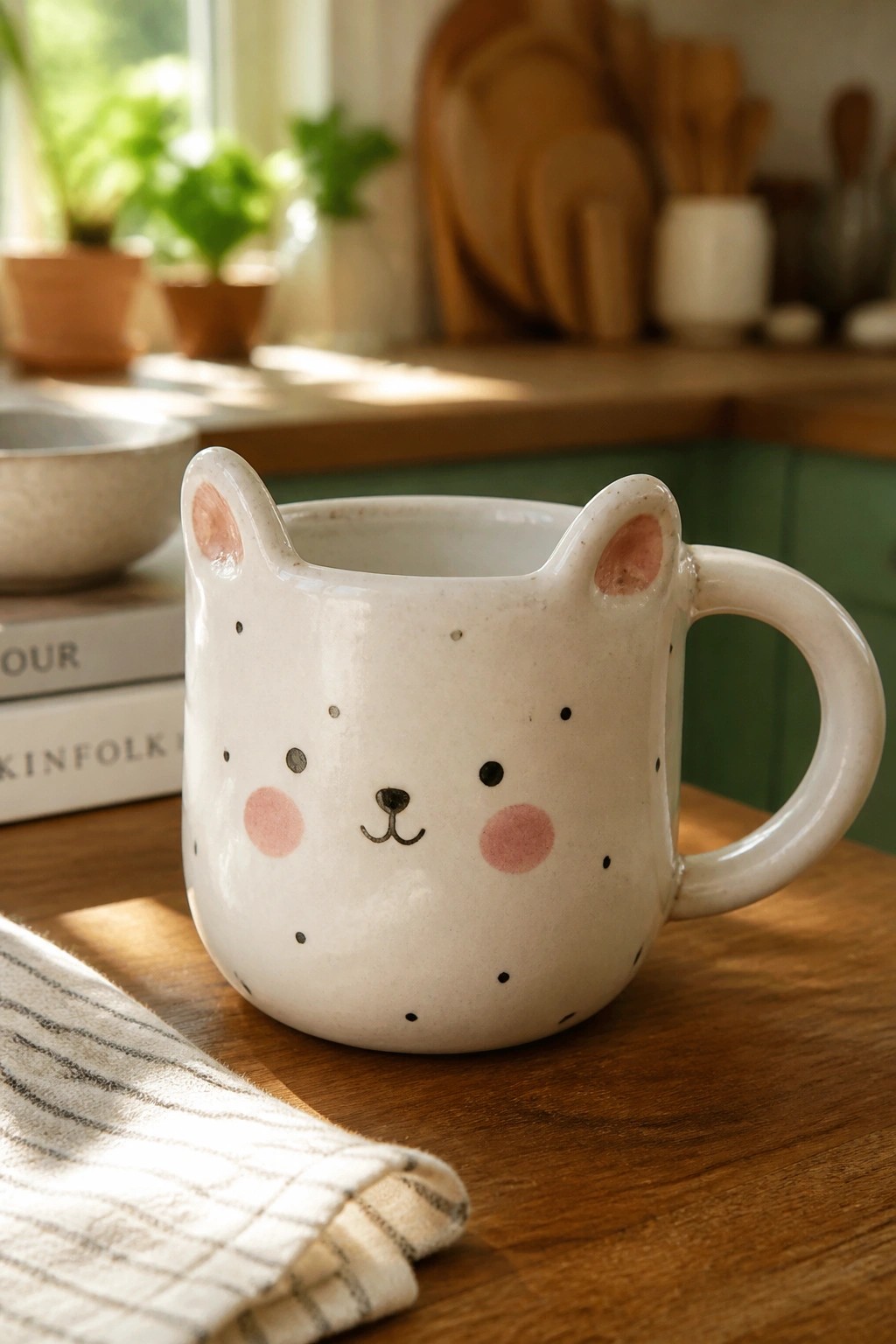 White cat mug with pink ears and cheeks on wooden kitchen table.