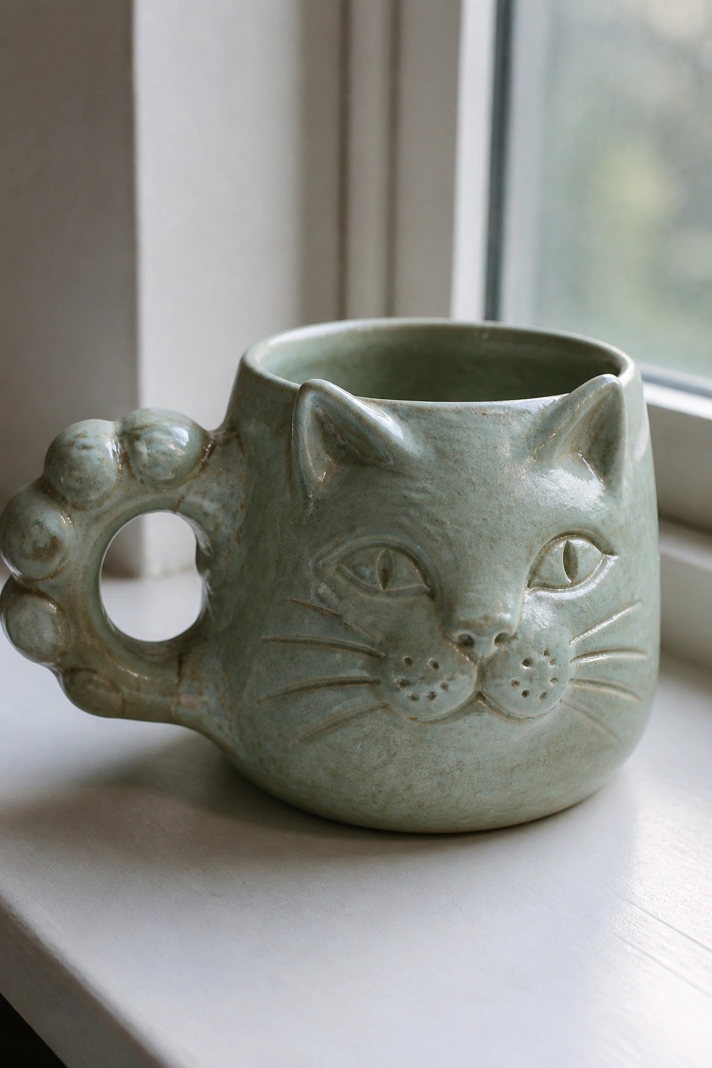Light green ceramic cat mug with paw-shaped handle on white windowsill.