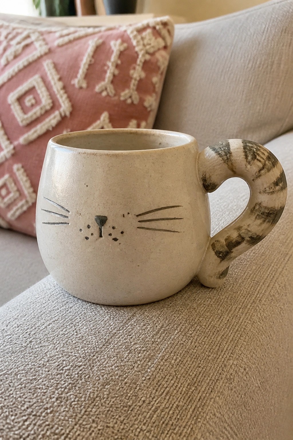 Ceramic cat mug with face and tail handle on beige couch with pink pillow
