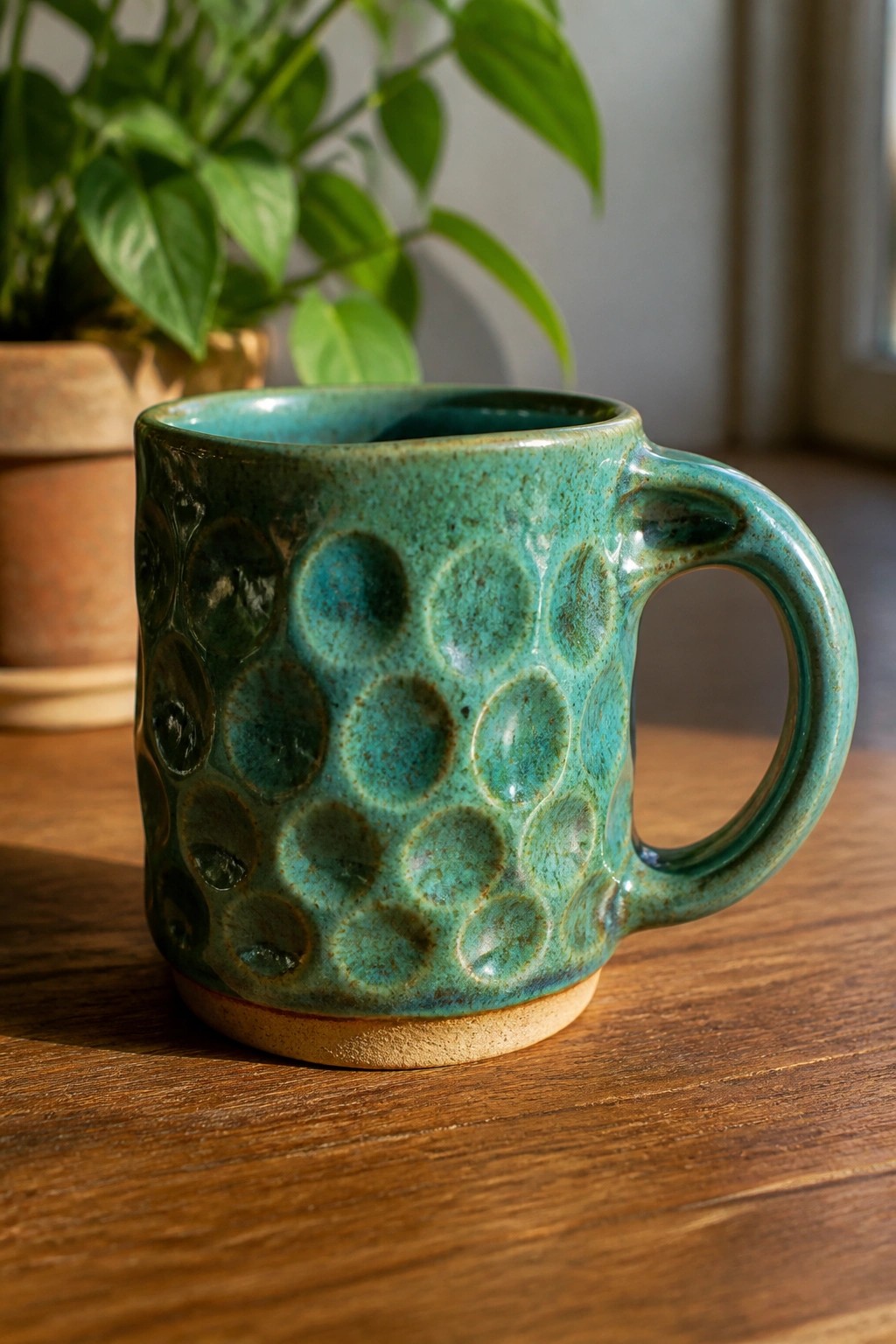 Turquoise dimpled ceramic mug on wooden table with green plant behind