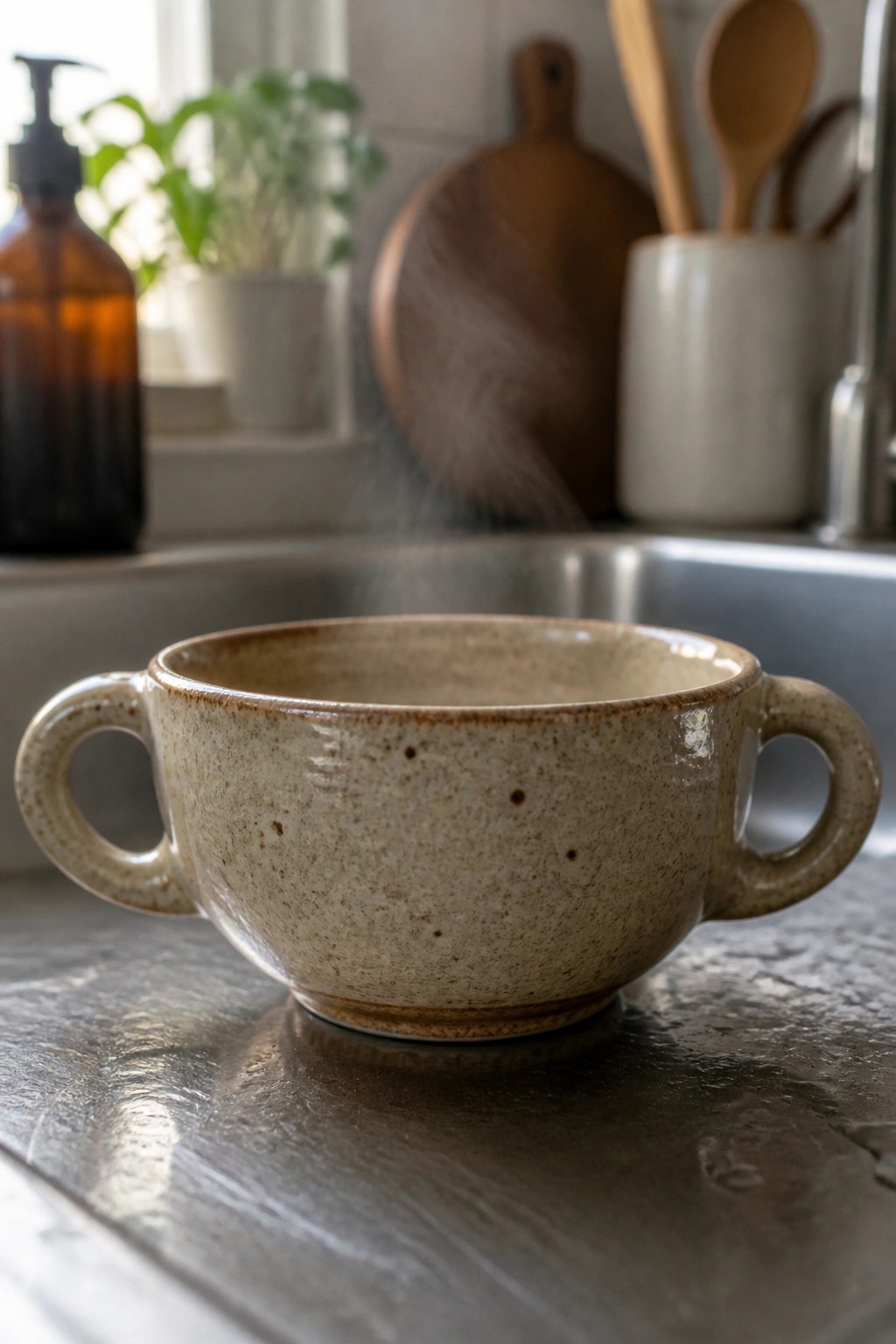 Steaming speckled ceramic bowl with handles on wet metal counter