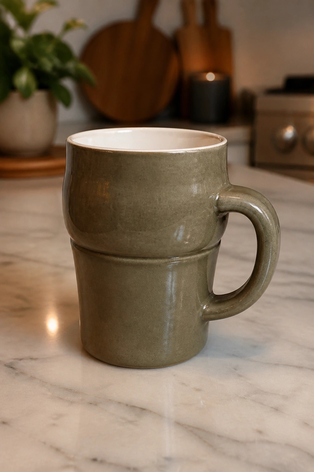 Olive green ceramic mug with handle on white marble kitchen countertop
