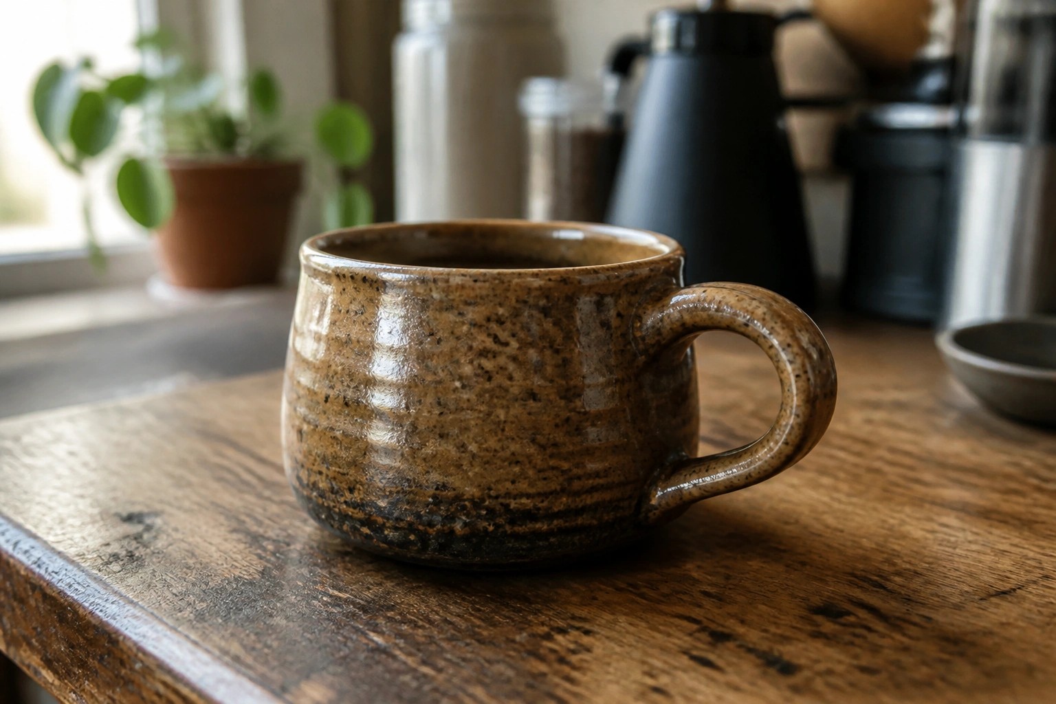 Rustic brown ceramic mug filled with coffee on sunlit wooden table