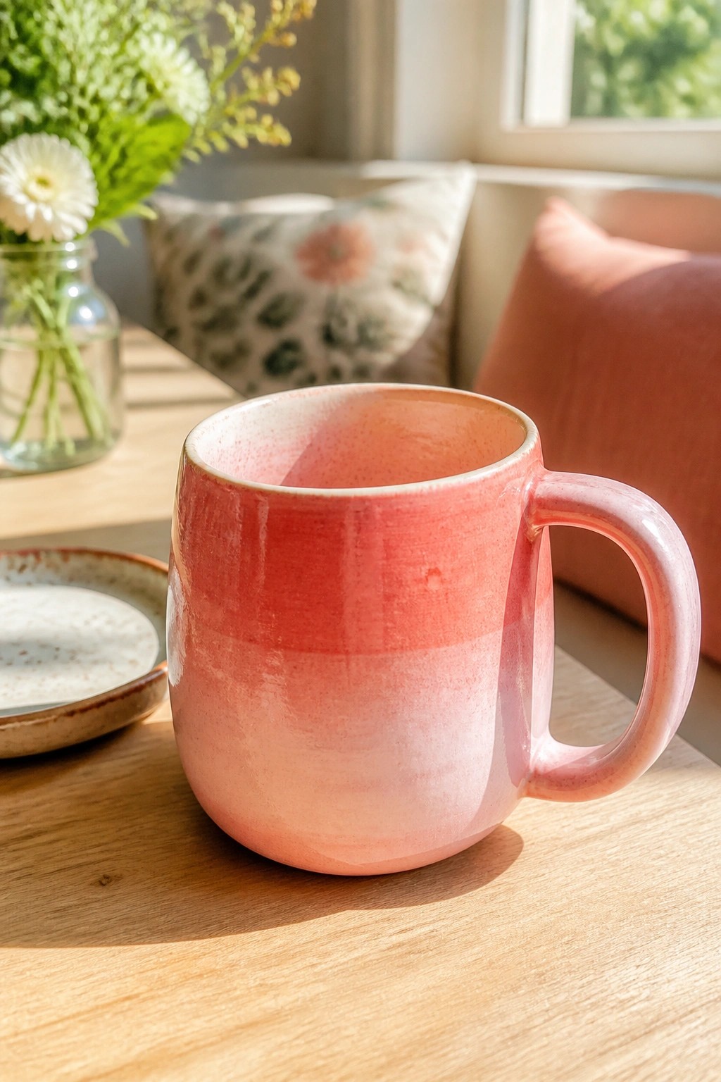 Pink gradient ceramic mug on sunlit wooden table with flowers and pillows nearby.