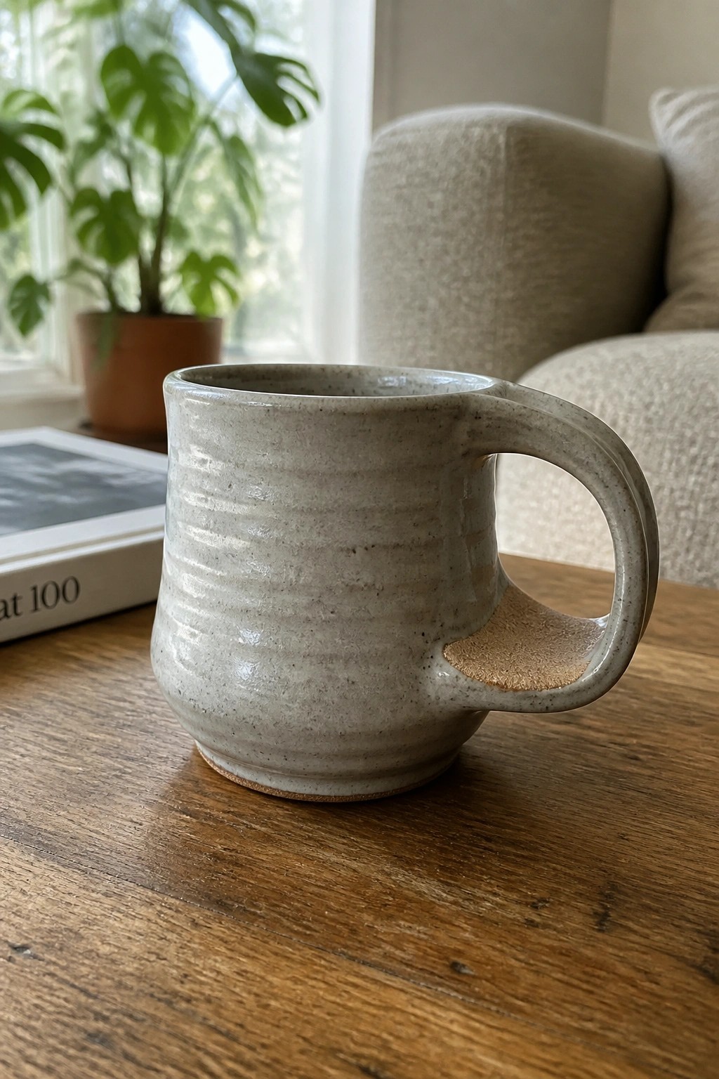 Rustic ceramic mug with ridged texture and unique handle on wooden table.