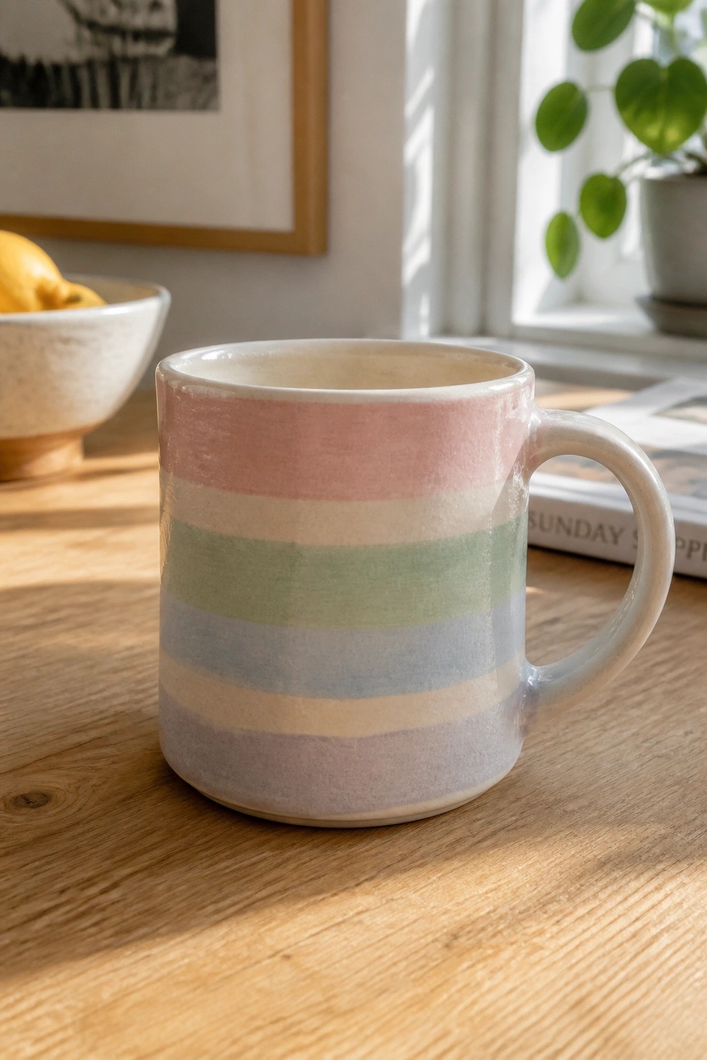 Pastel striped ceramic mug on a sunlit wooden kitchen table