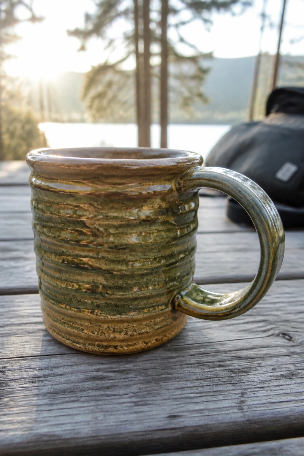 Rustic green-brown ceramic mug on wooden table with lake and trees behind