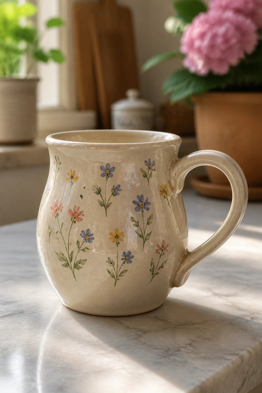 Cream ceramic mug with colorful wildflowers on white marble countertop in sunlight