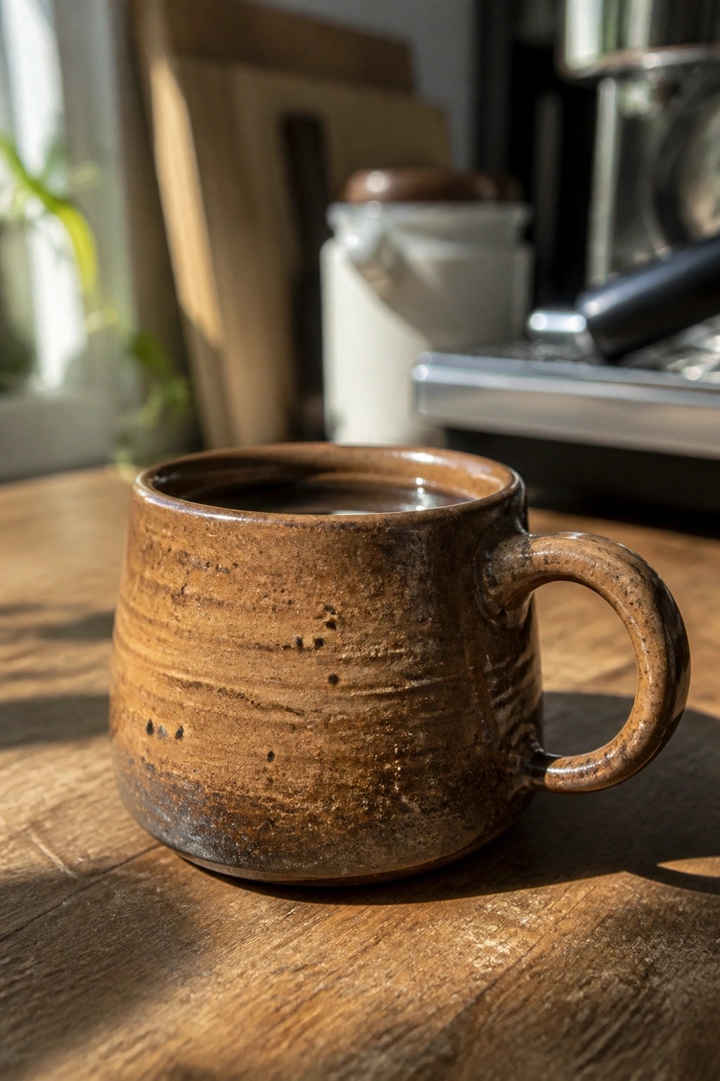 Rustic brown ceramic mug filled with coffee on sunlit wooden table